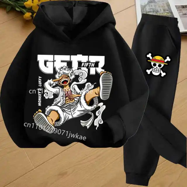 Boys Hoodie and Sweatpants Set for 3-12 Years Japanese Anime One Piece Luffy Zoro Kids Girls Casual Hooded Sweatshirt + Pants