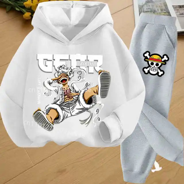 Boys Hoodie and Sweatpants Set for 3-12 Years Japanese Anime One Piece Luffy Zoro Kids Girls Casual Hooded Sweatshirt + Pants