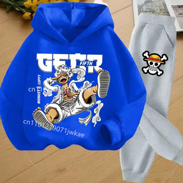 Boys Hoodie and Sweatpants Set for 3-12 Years Japanese Anime One Piece Luffy Zoro Kids Girls Casual Hooded Sweatshirt + Pants