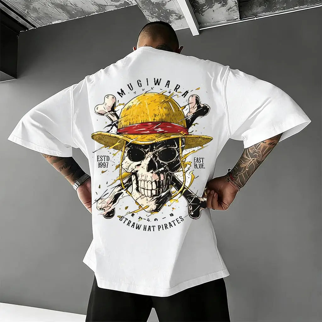 Unisex Oversize One Piece Totenkopf Anime T-Shirt Herren Damen Baumwolle Streetwear Lässiges Kurzarm Oberteil Grafik Tee Trendig Sommer 2026