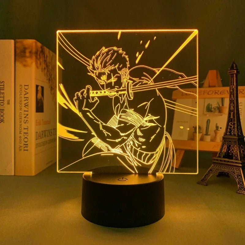 One Piece Roronoa Zoro Anime Dibujos Animados Lindo Acrílico Letrero Luminoso Dormitorio Atmósfera Luz de Noche Soporte Figura Decoración Regalo
