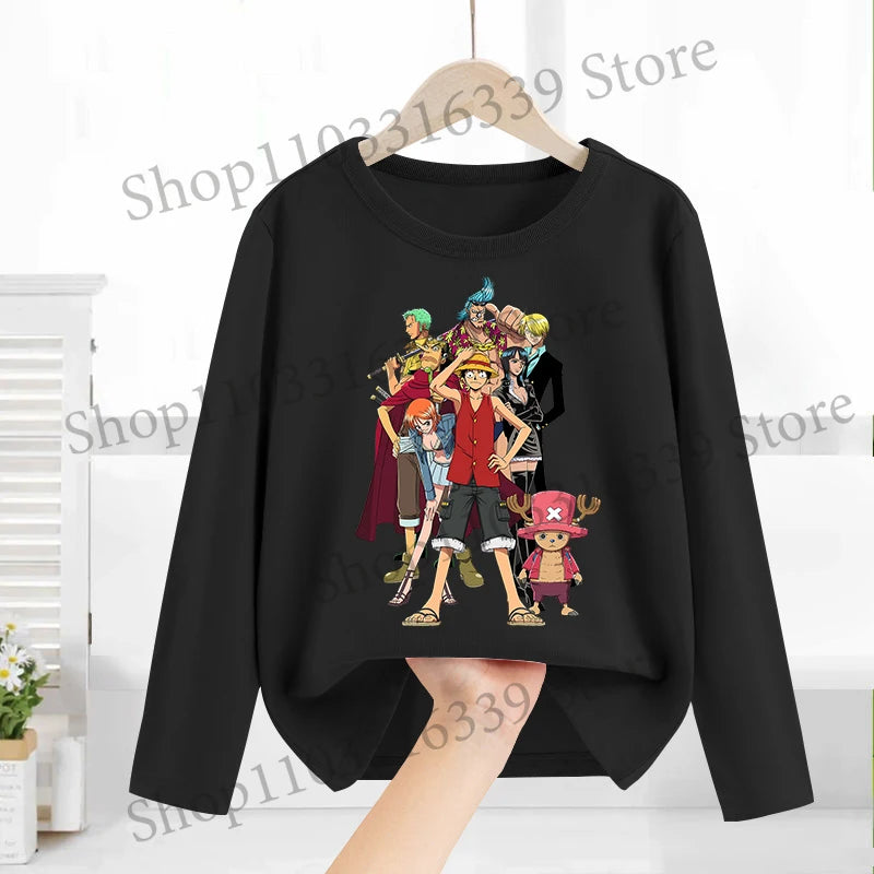 One Piece Long Sleeves Anime Printed Tops Base Layer Shirt Boy Girl T-shirt  Fashion Pullover Children Tee Spring Autumn Clothes