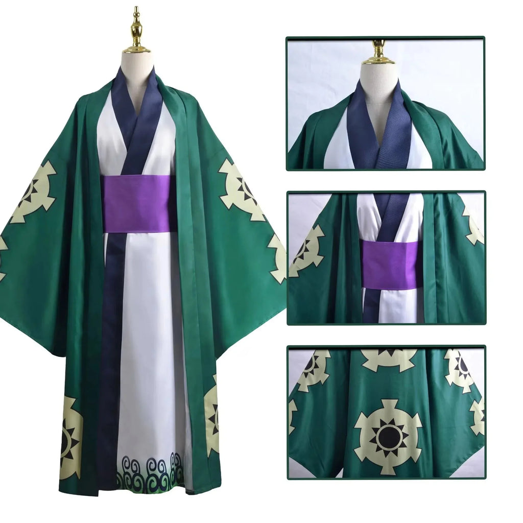 Grünes Roronoa Zoro Kimono Cosplay Anime Kostüm Uniform für Halloween Erwachsene Anzug Futter Perücke Oberbekleidung Gürtel Disfraz Halloween