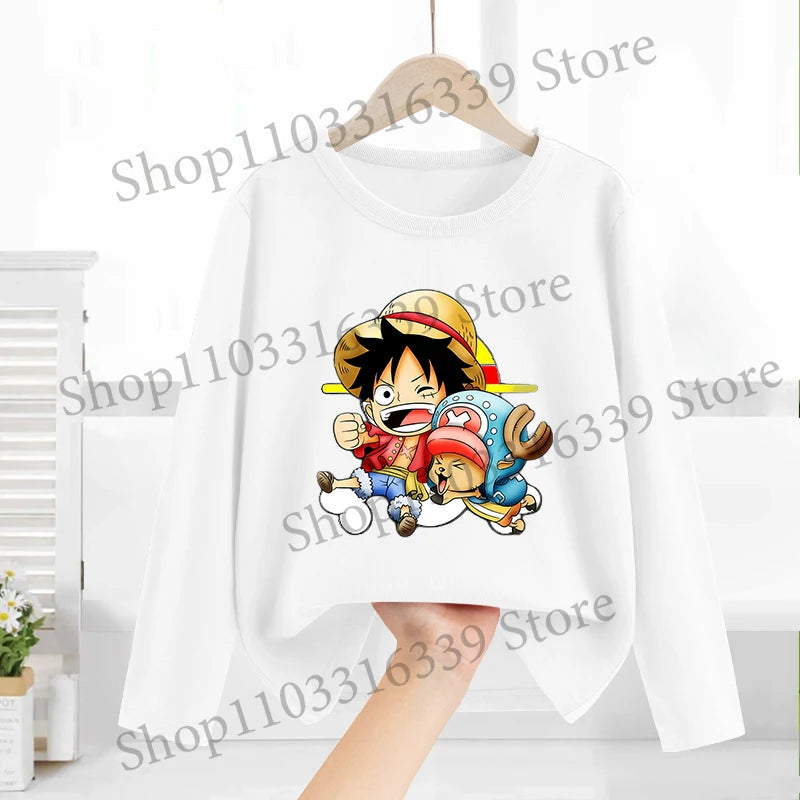 One Piece Long Sleeves Anime Printed Tops Base Layer Shirt Boy Girl T-shirt  Fashion Pullover Children Tee Spring Autumn Clothes