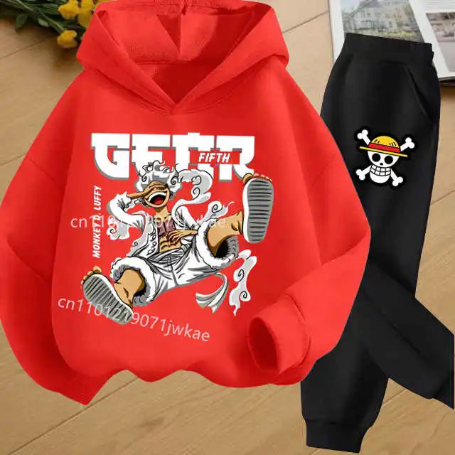 Boys Hoodie and Sweatpants Set for 3-12 Years Japanese Anime One Piece Luffy Zoro Kids Girls Casual Hooded Sweatshirt + Pants