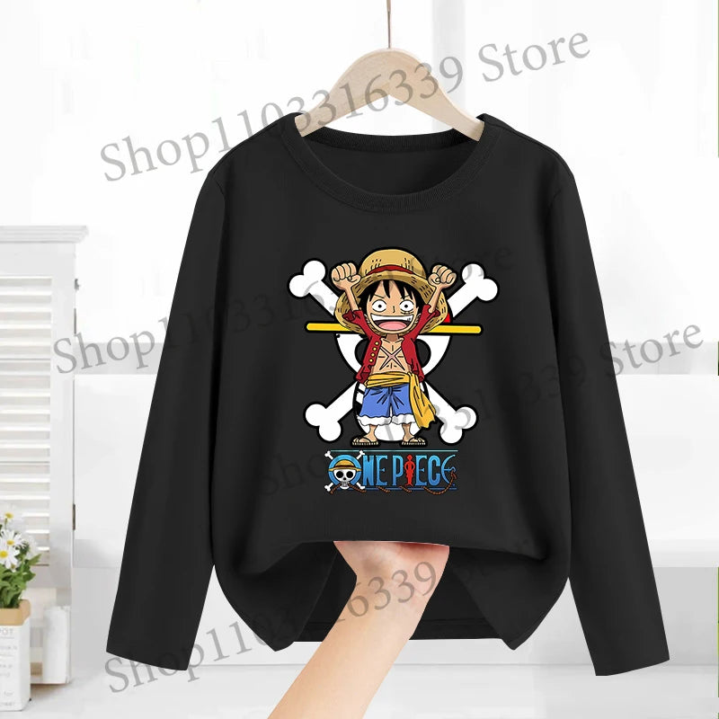 One Piece Long Sleeves Anime Printed Tops Base Layer Shirt Boy Girl T-shirt  Fashion Pullover Children Tee Spring Autumn Clothes