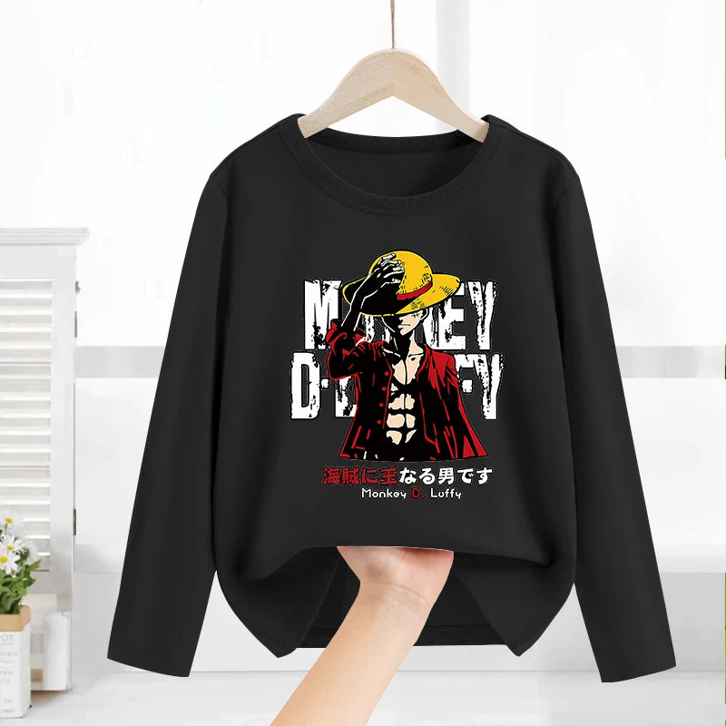 One Piece Long Sleeves Anime Printed Tops Base Layer Shirt Boy Girl T-shirt  Fashion Pullover Children Tee Spring Autumn Clothes
