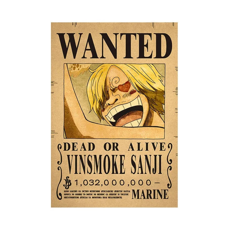 Borderless One Piece Wanted Poster Straw Hat Group Luffy Retro Kraft Paper One Piece Bounty Decoration Hanging Painting