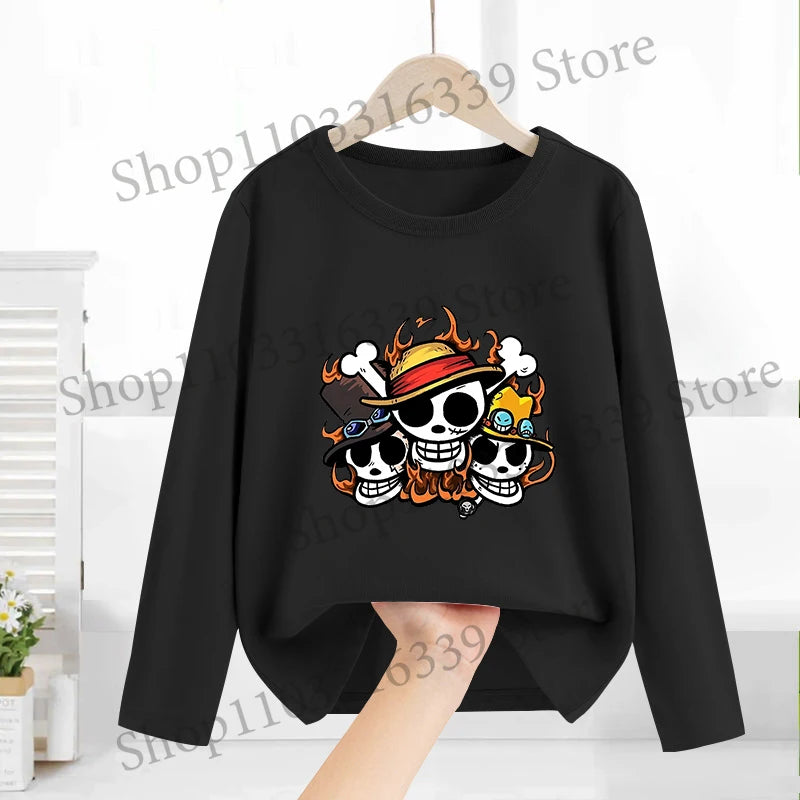 One Piece Long Sleeves Anime Printed Tops Base Layer Shirt Boy Girl T-shirt  Fashion Pullover Children Tee Spring Autumn Clothes