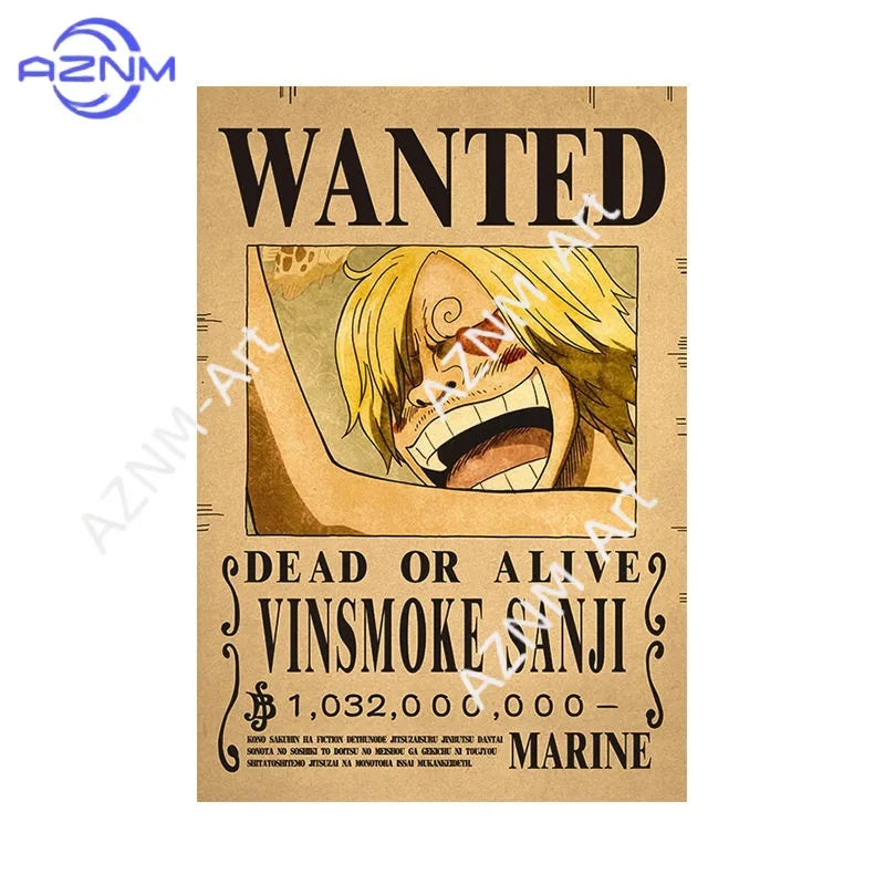 Borderless One Piece Wanted Poster Straw Hat Group Luffy Retro Kraft Paper One Piece Bounty Decoration Hanging Painting