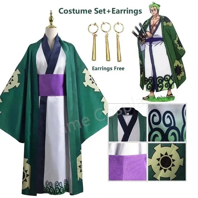 Kimono verde de Roronoa Zoro, disfraz de anime para cosplay, uniforme para Halloween, traje de adulto, forro, peluca, abrigo, faja, disfraz de Halloween