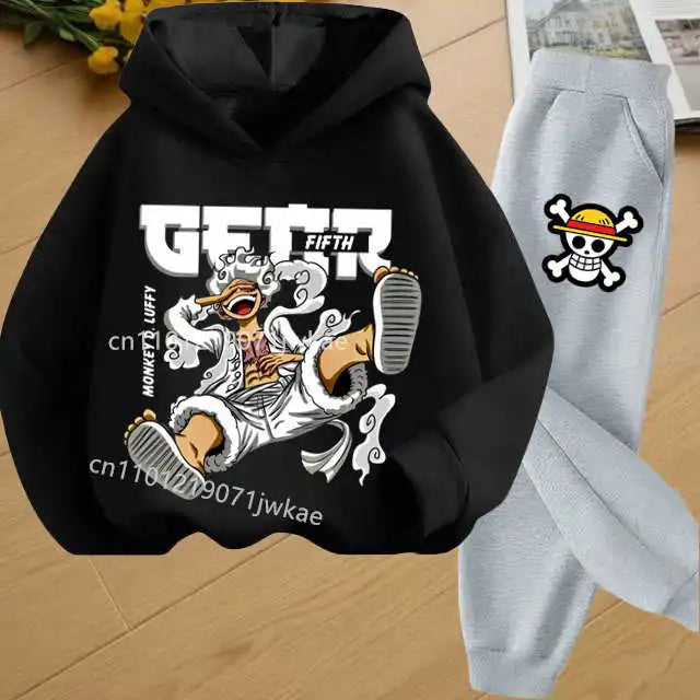 Jungen Hoodie und Jogginghosen-Set für 3-12 Jahre Japanischer Anime One Piece Luffy Zoro Kinder Mädchen Lässiger Kapuzenpullover + Hose