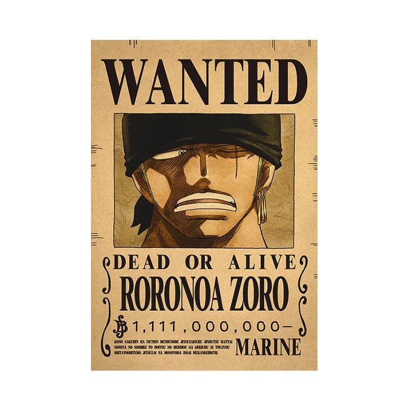 Borderless One Piece Wanted Poster Straw Hat Group Luffy Retro Kraft Paper One Piece Bounty Decoration Hanging Painting