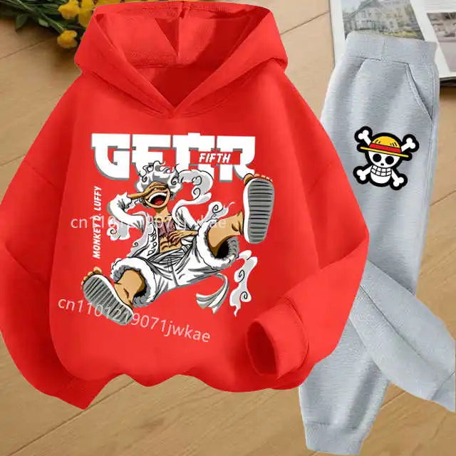 Boys Hoodie and Sweatpants Set for 3-12 Years Japanese Anime One Piece Luffy Zoro Kids Girls Casual Hooded Sweatshirt + Pants