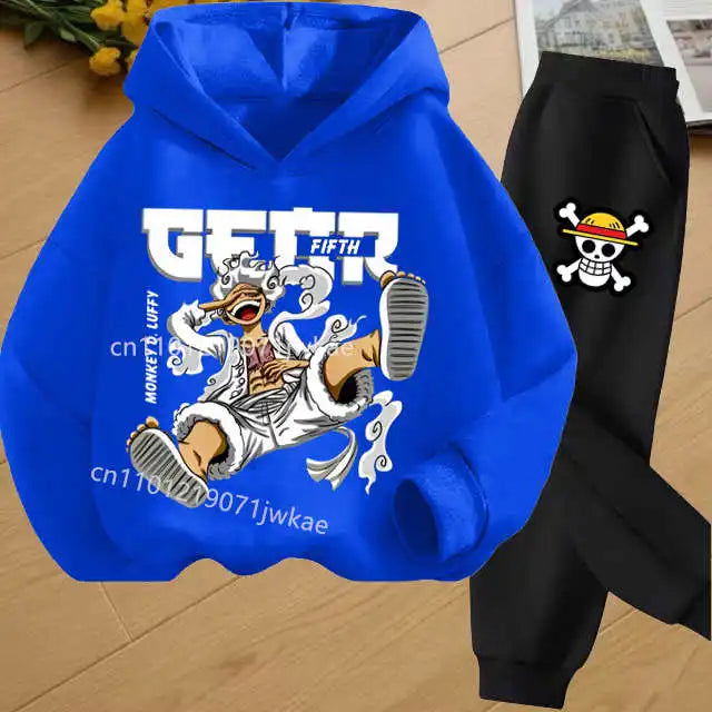 Boys Hoodie and Sweatpants Set for 3-12 Years Japanese Anime One Piece Luffy Zoro Kids Girls Casual Hooded Sweatshirt + Pants
