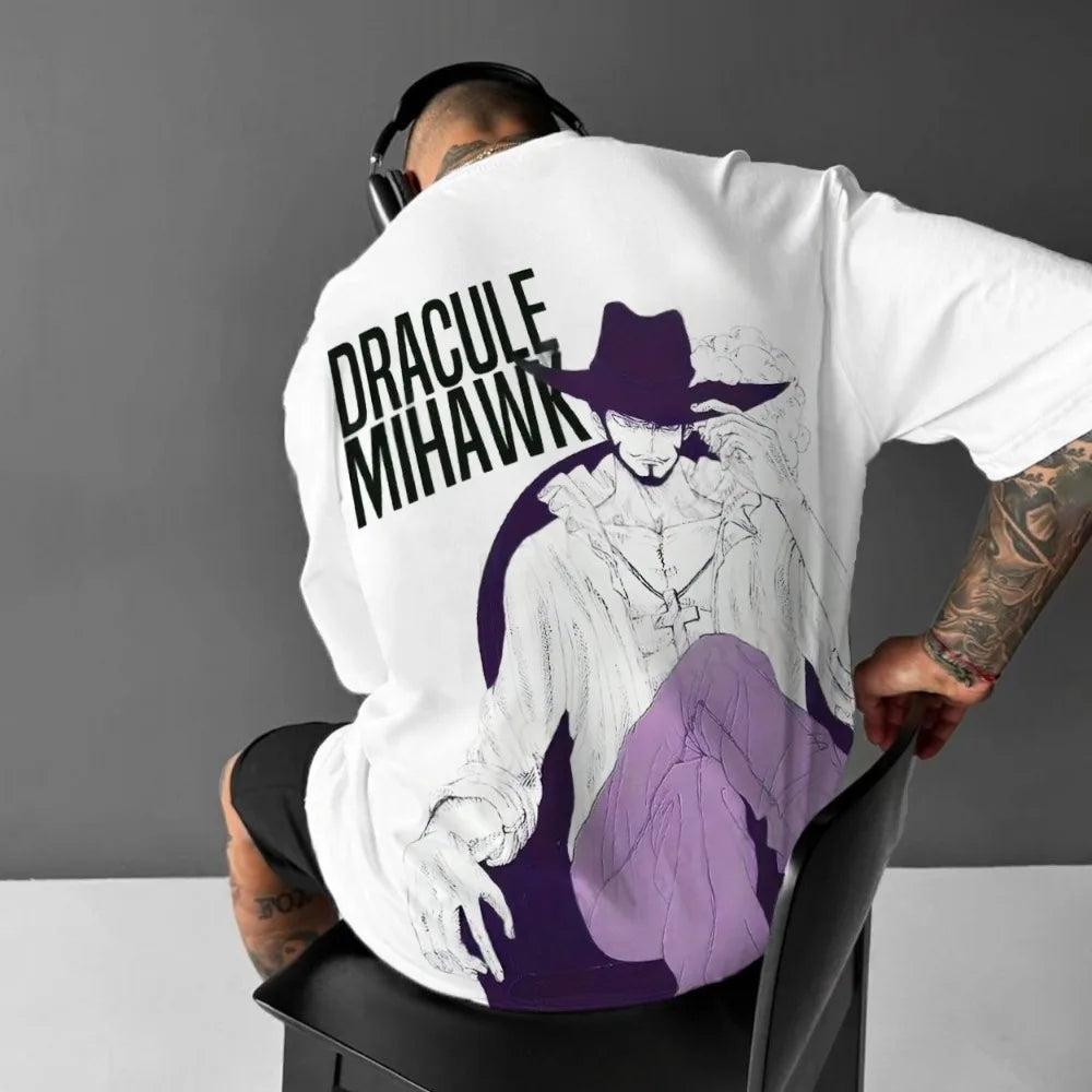 One Piece Men's T-shirt Summer Dracule Mihawk Japan Classic Anime Autumn Boy Children's Short-sleeved Loose Parent-child Outfit