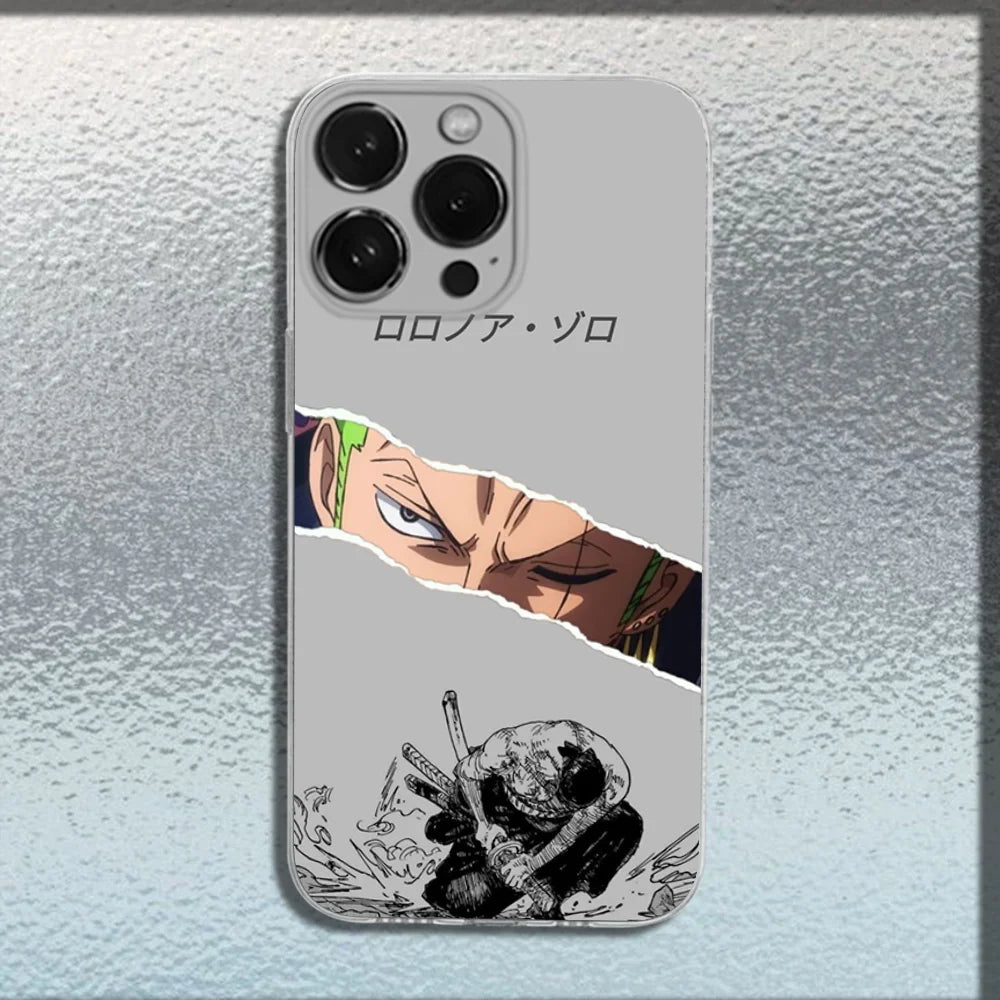 Anime Ones P-Pieces Zoro Phone Case For iPhone 16,15,14,13,12,11 Plus,Pro,Max,XR,XS,X,Plus,SE,Mini Transparent Soft Cover