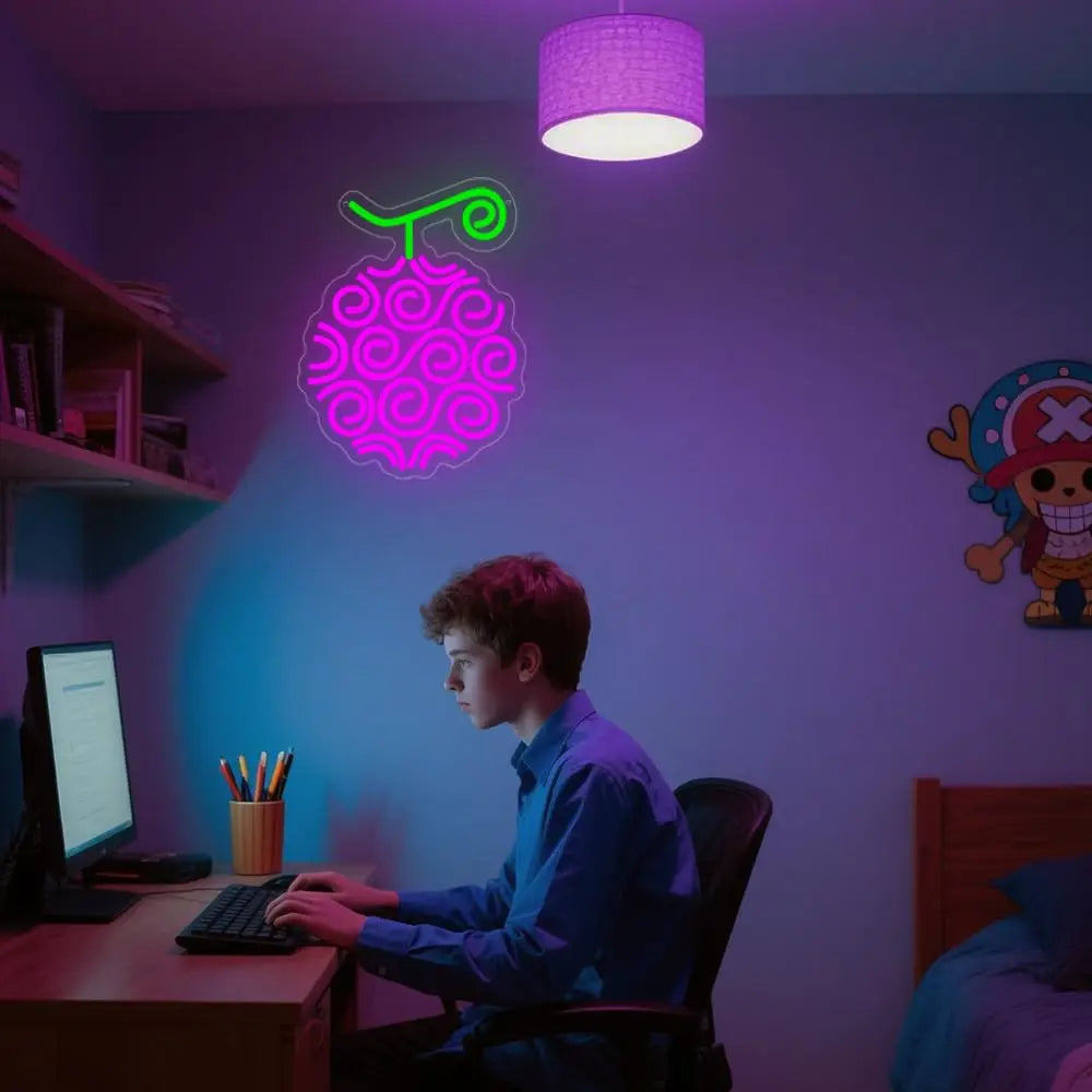 Letrero LED One Piece Anime Fruta del Diablo Púrpura, Luz de Neón USB, Decoración de Pared para Hogar, Fiesta, Sala de Juegos, Dormitorio, Bar, Cueva de Hombre, Regalo