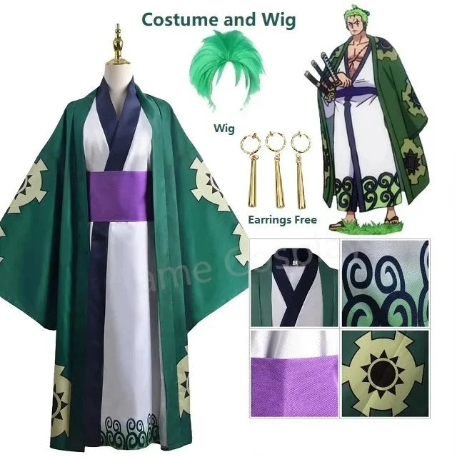 Kimono verde de Roronoa Zoro, disfraz de anime para cosplay, uniforme para Halloween, traje de adulto, forro, peluca, abrigo, faja, disfraz de Halloween