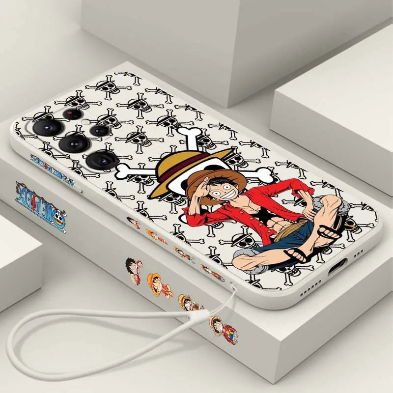 One Piece Anime Red D. Luffy For Samsung Galaxy S26 S25 S24 S23 S22 S21 S20 Ultra Plus FE 5G Liquid Left Rope Phone Case