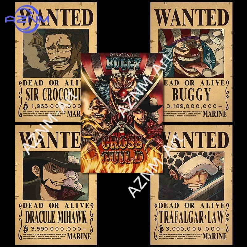 Borderless One Piece Wanted Poster Straw Hat Group Luffy Retro Kraft Paper One Piece Bounty Decoration Hanging Painting