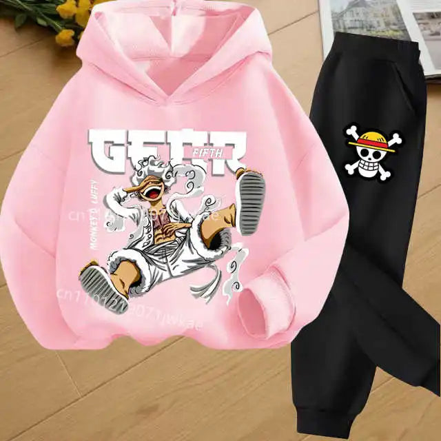 Boys Hoodie and Sweatpants Set for 3-12 Years Japanese Anime One Piece Luffy Zoro Kids Girls Casual Hooded Sweatshirt + Pants