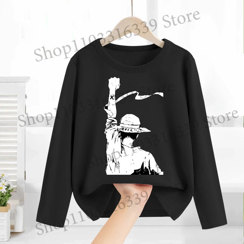 One Piece Long Sleeves Anime Printed Tops Base Layer Shirt Boy Girl T-shirt  Fashion Pullover Children Tee Spring Autumn Clothes
