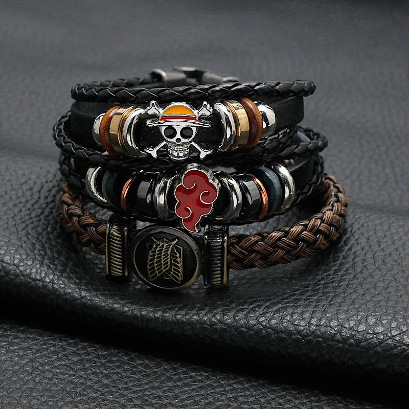 Accesorios de anime One Piece Naruto ataque al gigante pulsera de cuero trenzado con hebilla multicapa anillo regalo de cumpleaños.