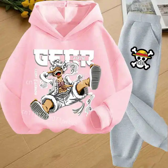 Boys Hoodie and Sweatpants Set for 3-12 Years Japanese Anime One Piece Luffy Zoro Kids Girls Casual Hooded Sweatshirt + Pants