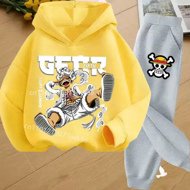 Boys Hoodie and Sweatpants Set for 3-12 Years Japanese Anime One Piece Luffy Zoro Kids Girls Casual Hooded Sweatshirt + Pants