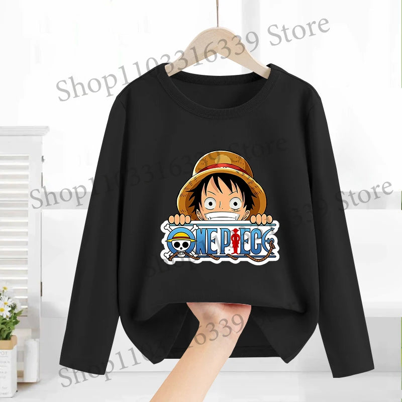 One Piece Long Sleeves Anime Printed Tops Base Layer Shirt Boy Girl T-shirt  Fashion Pullover Children Tee Spring Autumn Clothes