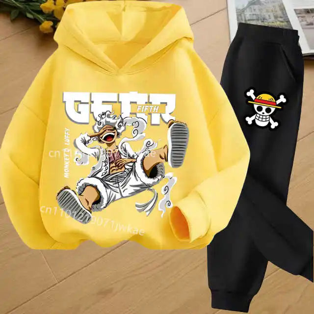 Boys Hoodie and Sweatpants Set for 3-12 Years Japanese Anime One Piece Luffy Zoro Kids Girls Casual Hooded Sweatshirt + Pants