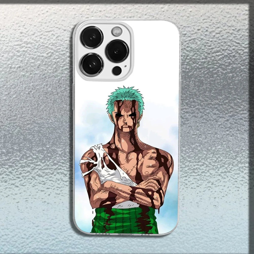 Anime Ones P-Pieces Zoro Phone Case For iPhone 16,15,14,13,12,11 Plus,Pro,Max,XR,XS,X,Plus,SE,Mini Transparent Soft Cover