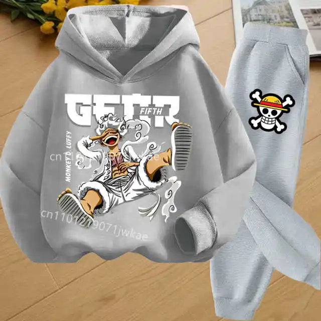 Boys Hoodie and Sweatpants Set for 3-12 Years Japanese Anime One Piece Luffy Zoro Kids Girls Casual Hooded Sweatshirt + Pants