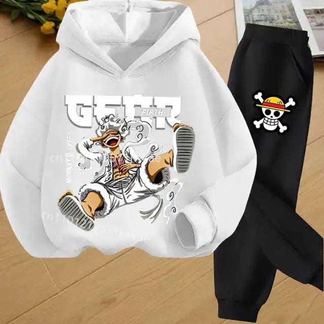 Boys Hoodie and Sweatpants Set for 3-12 Years Japanese Anime One Piece Luffy Zoro Kids Girls Casual Hooded Sweatshirt + Pants