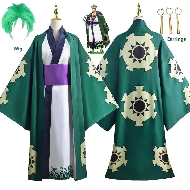 Grünes Roronoa Zoro Kimono Cosplay Anime Kostüm Uniform für Halloween Erwachsene Anzug Futter Perücke Oberbekleidung Gürtel Disfraz Halloween