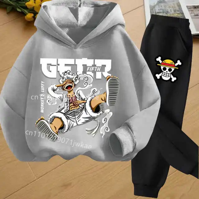 Jungen Hoodie und Jogginghosen-Set für 3-12 Jahre Japanischer Anime One Piece Luffy Zoro Kinder Mädchen Lässiger Kapuzenpullover + Hose