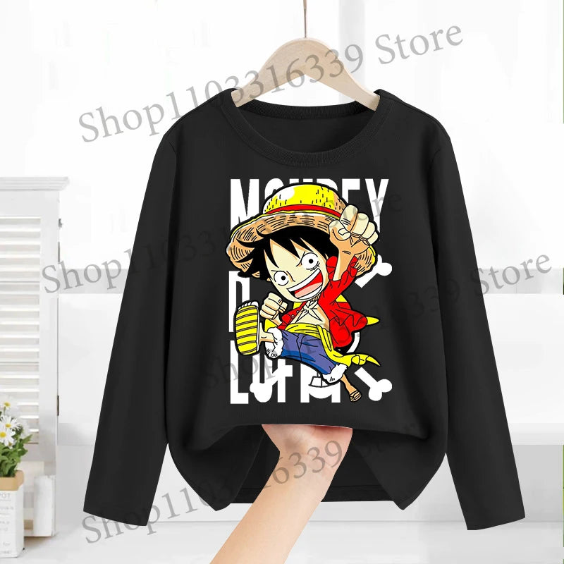 One Piece Long Sleeves Anime Printed Tops Base Layer Shirt Boy Girl T-shirt  Fashion Pullover Children Tee Spring Autumn Clothes